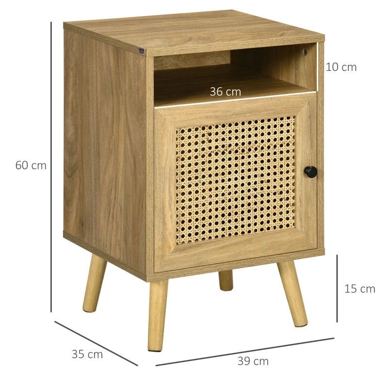 HOMCOM Noptieră pentru Dormitor în Stil Boho cu Dulăpior și Raft Deschis, 39x35x60 cm, Natural