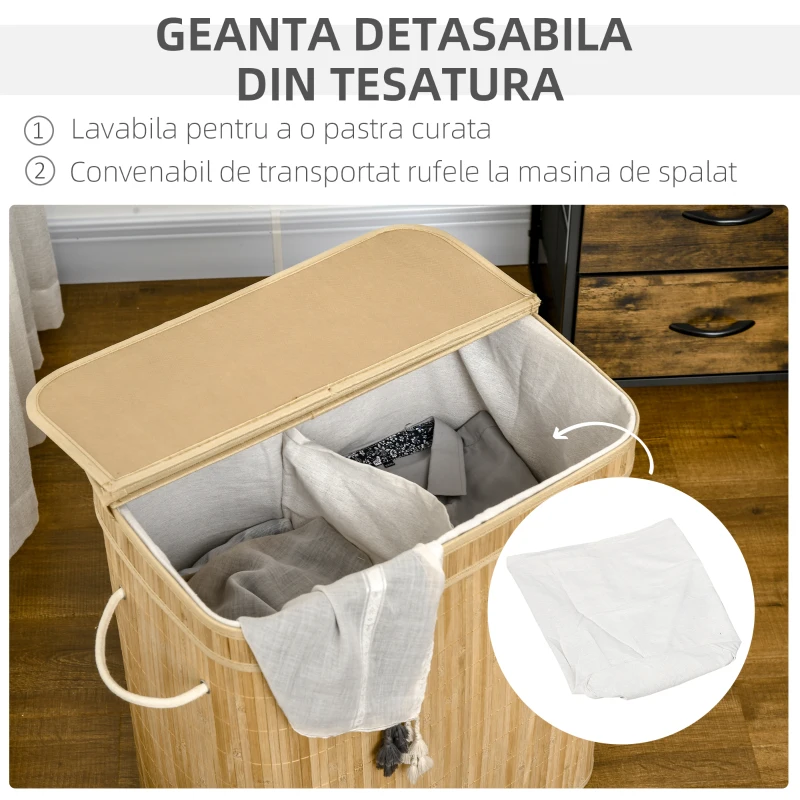 HOMCOM Coș Pliabil pentru Rufe cu 2 Compartimente, Capac Detașabil și Mânere, 54,2x35,2x59,5 cm, Natural