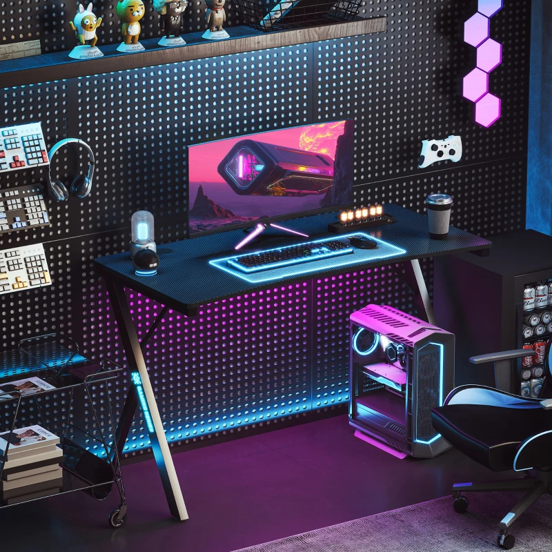HOMCOM Birou Gaming cu Lumini LED Reglabile cu 2 Moduri, 3 Culori și Încărcare USB, 120x60x75 cm, Negru