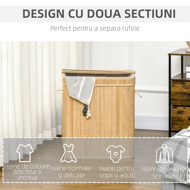 HOMCOM Coș Pliabil pentru Rufe cu 2 Compartimente, Capac Detașabil și Mânere, 54,2x35,2x59,5 cm, Natural