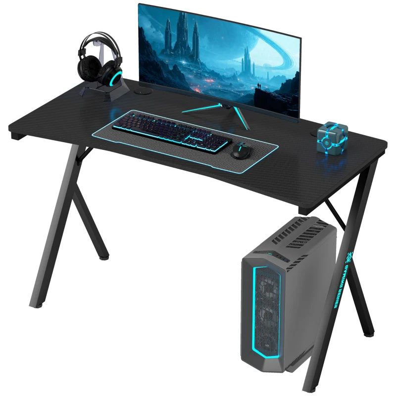 HOMCOM Birou Gaming cu Lumini LED Reglabile cu 2 Moduri, 3 Culori și Încărcare USB, 120x60x75 cm, Negru
