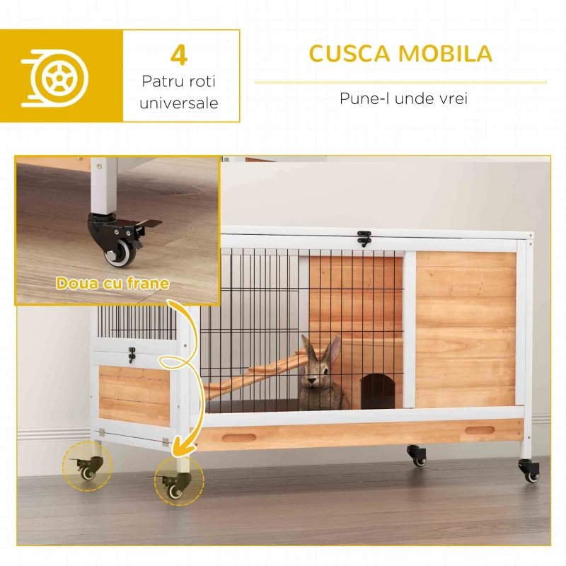 PawHut Cușcă pentru Iepuri și Porcușori de Guineea din Lemn cu 4 Roți și Rampă, 90x53x59 cm, Galben
