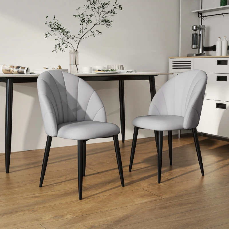 HOMCOM Set 2 Scaune din Piele Ecologică cu Picioare din Oțel și Spătar în Formă, 52x54x79 cm, Gri Deschis