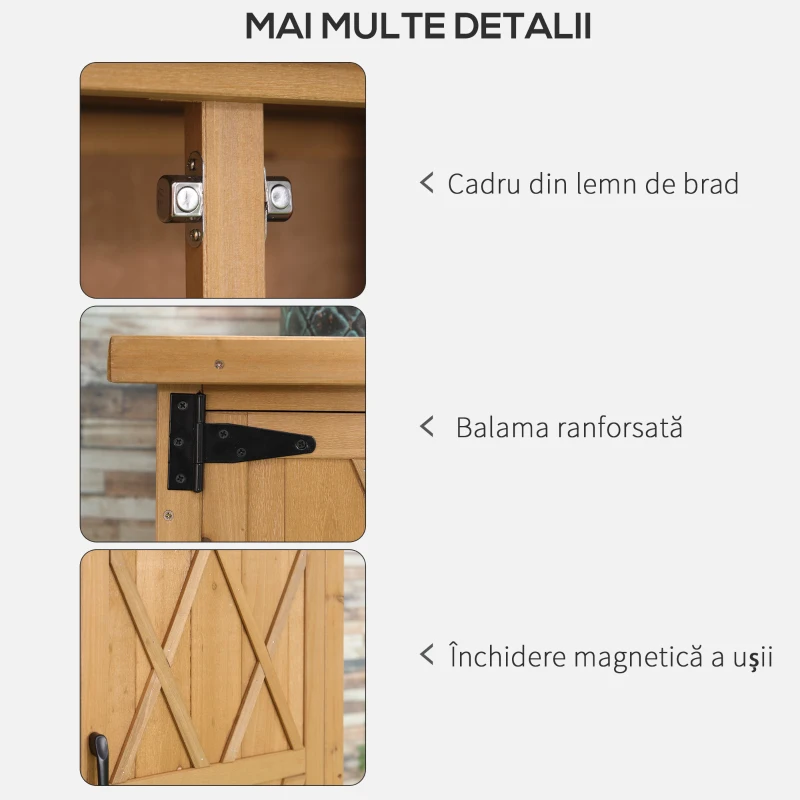 Outsunny Căsuță de Grădină pentru Unelte cu 2 Uși, 4 Rafturi și Bază Ridicată, 75x40x90 cm, Natural