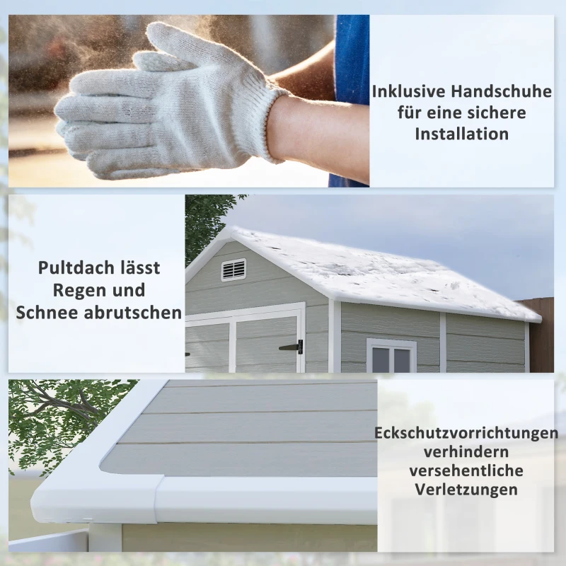 Outsunny Gartenschuppen, Geräteschuppen mit Boden, verschließbare Türen, Lüftungsöffnungen, Fenster, Holzoptik, Kunststoff, Grau(m-8)