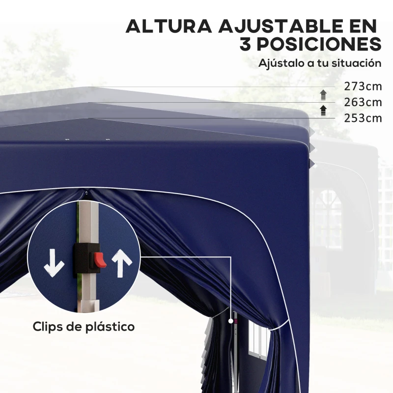 Outsunny Cenador Plegable 3x3 m Gazabo con Paneles Laterales UPF50+ Altura Ajustable y Bolsa de Transporte Azul Oscuro