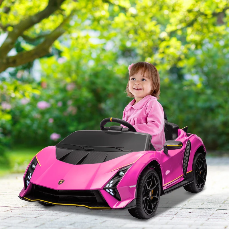 AIYAPLAY Carro Elétrico para Crianças Lamborghini 12V Controlo Remoto Faróis Buzina Arranque Lento e Música MP3 114,5x64x45,5 cm Rosa