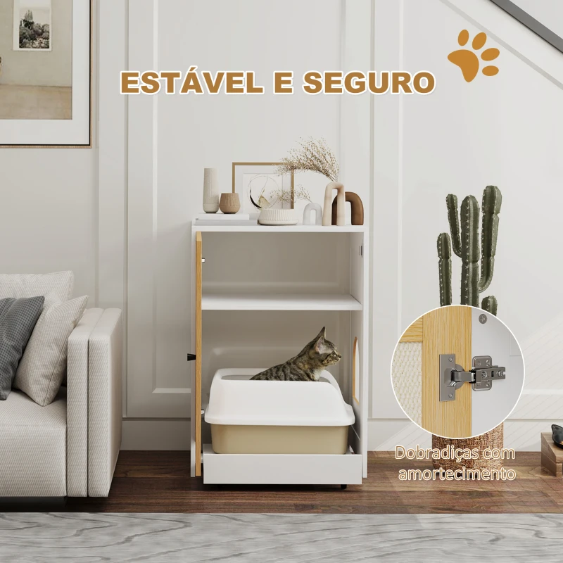 PawHut Móvel Caixa de Areia para Gatos com Compartimento Extraível Rodas e Tapete para Arranhar 57x50x80,5 cm Branco e Madeira