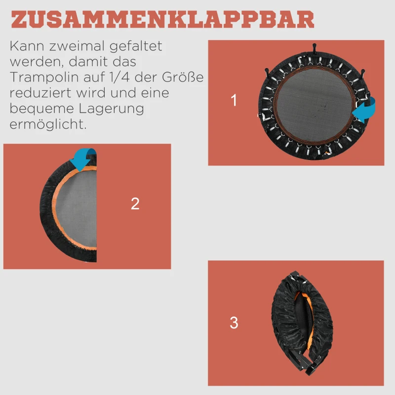 HOMCOM Trampolina Fitnessowa, Składana, Uchwyt Regulowany, Ø102 x 123H cm, do 100 kg, Czarna