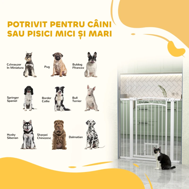 PawHut Ușă de Siguranță pentru Câini de Interior cu 2 Extensii și Ușiță pentru Pisici, 76-104x77 cm, Alb