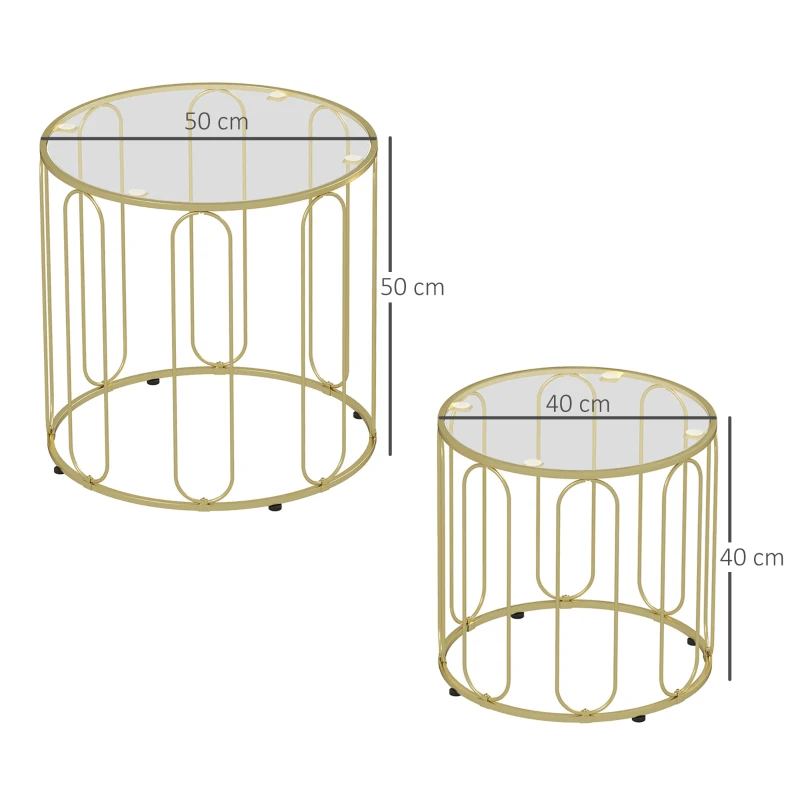HOMCOM Conjunto de 2 Mesas Auxiliares Tipo Nido con Estructura de Metal y Encimera de Cristal Ø50x50 cm y Ø40x40 cm Dorado