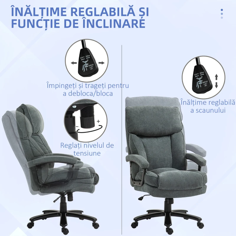 HOMCOM Scaun de Birou cu Spătar Înalt și Înălțime Reglabilă, 68,5x79x117-125 cm, Gri