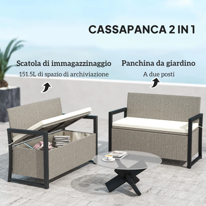 Outsunny Panchina da Giardino 2 Posti con Cassapanca da 151.5L in Rattan con Schienale, Braccioli e Cuscino, Crema
