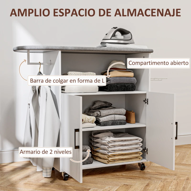 HOMCOM Mueble de Planchar con Ruedas Barra para Colgar Ropa Estante Abierto y Tabla de Planchar 125x43,5x102,5 cm Blanco