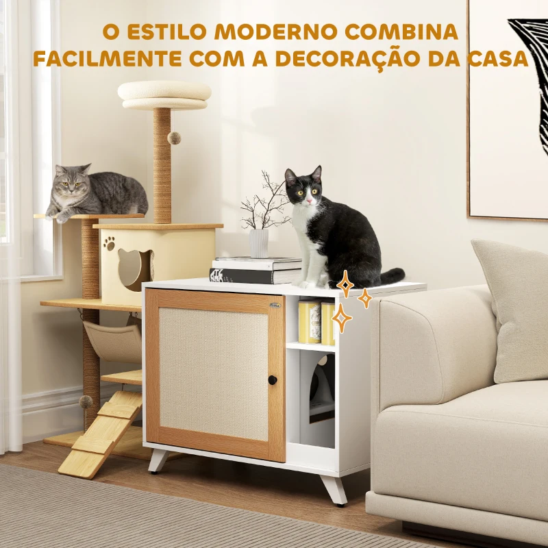 PawHut Móvel Caixa de Areia para Gatos Caixa de Areia para Gatos com Porta Tapete para Arranhar e Compartimento 77x50x63 cm Branco