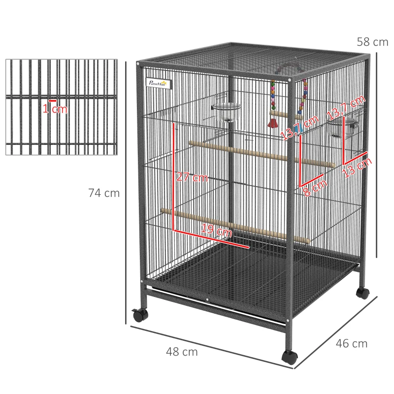 PawHut Gaiola para Pássaros com Rodas Gaiola para Aves com Comedouro Poleiro Baloiço e Bandeja Amovível 48x46x74 cm Cinzento