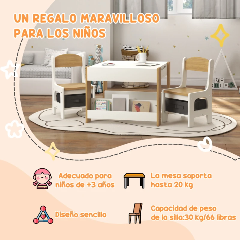 HOMCOM Juego de Mesa con Sillas para Niños 2 en 1 con Pizarra Cajones de Tela y Espacio de Almacenamiento Blanco y Natural