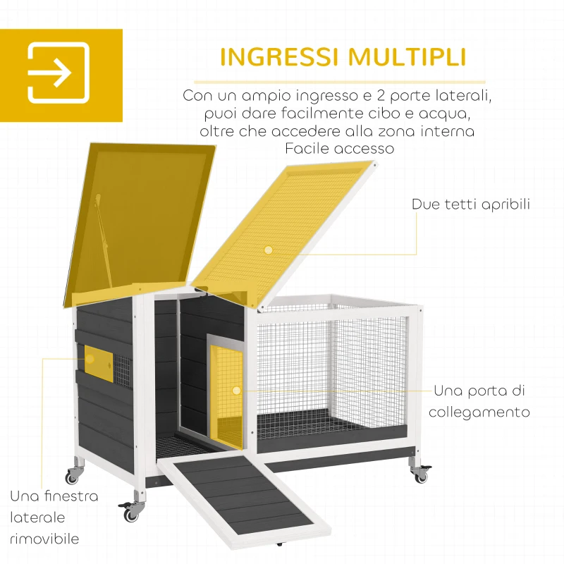 PawHut Conigliera da Esterno a Rotelle con Vassoio Estraibile, in Legno di Abete e Acciaio, 91x51x66 cm, Multicolore