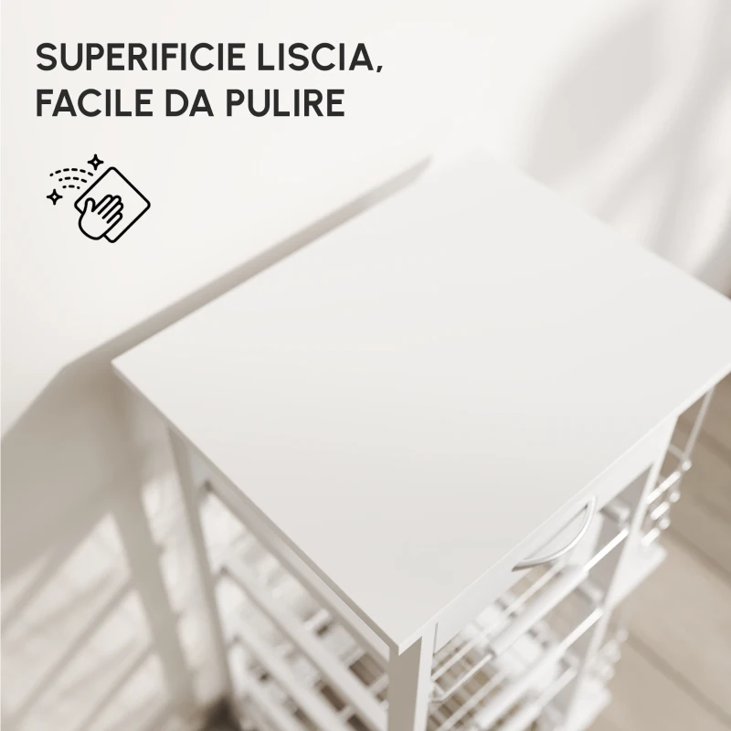 HOMCOM Carrello da Cucina Salvaspazio in Legno Bianco, Portavivande con 1 Piano di Lavoro 1 Cassetto e 4 Cestelli Metallici, 47x37x83cm
