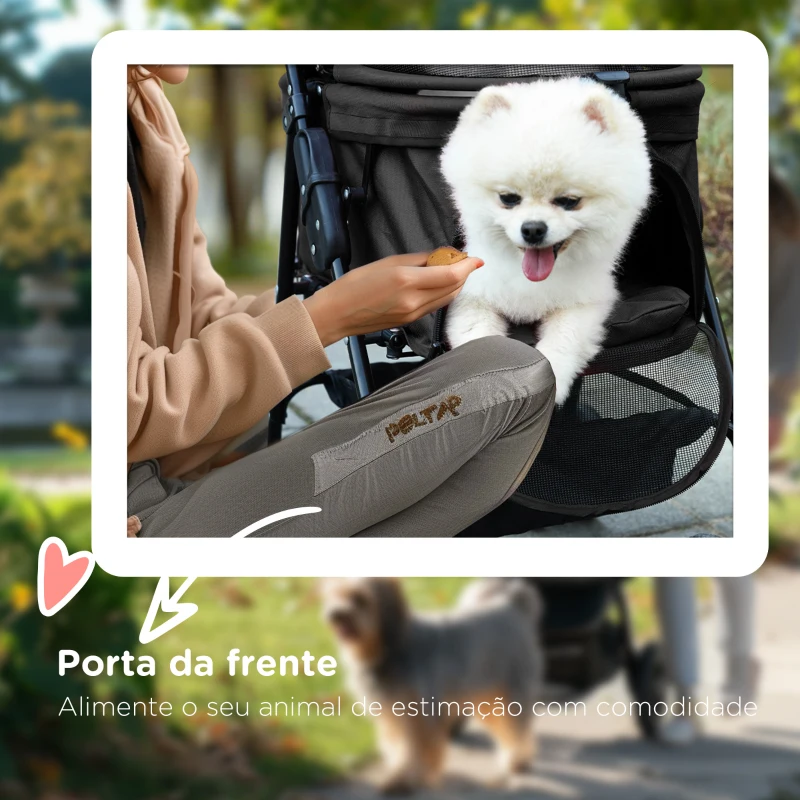 PawHut Carrinho para Cães Dobrável com Rodas Universáis Cesta de Armazenamento Correias de Segurança e Janelas 67x45x96 cm Preto
