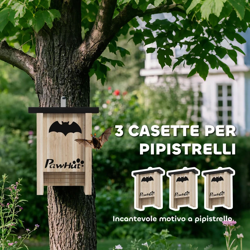 PawHut Set di 3 Casette per Pipistrelli Bat Box in Legno di Abete, 18x6x22.5 cm, Colore Legno