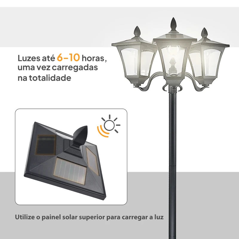 Outsunny Candeeiro Solar de Jardim com 3 Luzes LED Impermeável IP44 Sensor de Noite Candeeiro de Exterior 51,5x47x182,5cm Preto