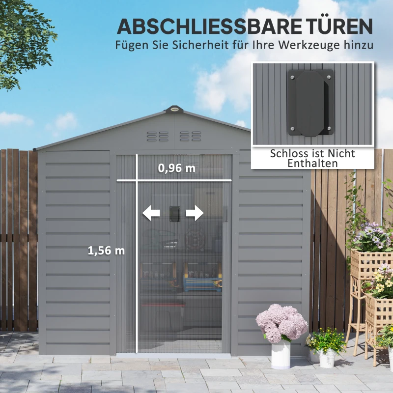 Outsunny 2,1 x 1,3 m Tuinschuur, Gereedschapsschuur van Staal, Afsluitbare Deuren, 4 Ventilatieopeningen, Grijs