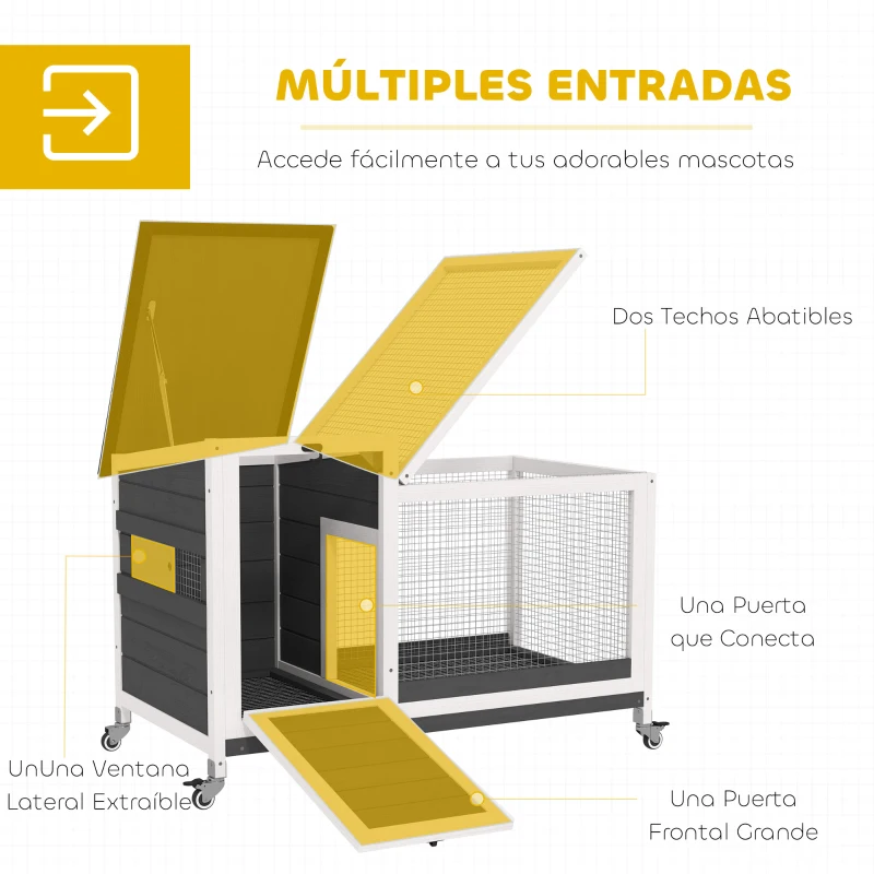 PawHut Jaula para Conejos con Techo Asfáltico Abatible Bandeja Extraíble y Ruedas 91x51x66 cm Blanco y Gris Oscuro