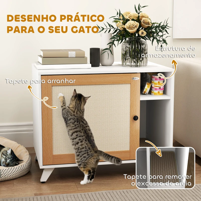 PawHut Móvel Caixa de Areia para Gatos Caixa de Areia para Gatos com Porta Tapete para Arranhar e Compartimento 77x50x63 cm Branco