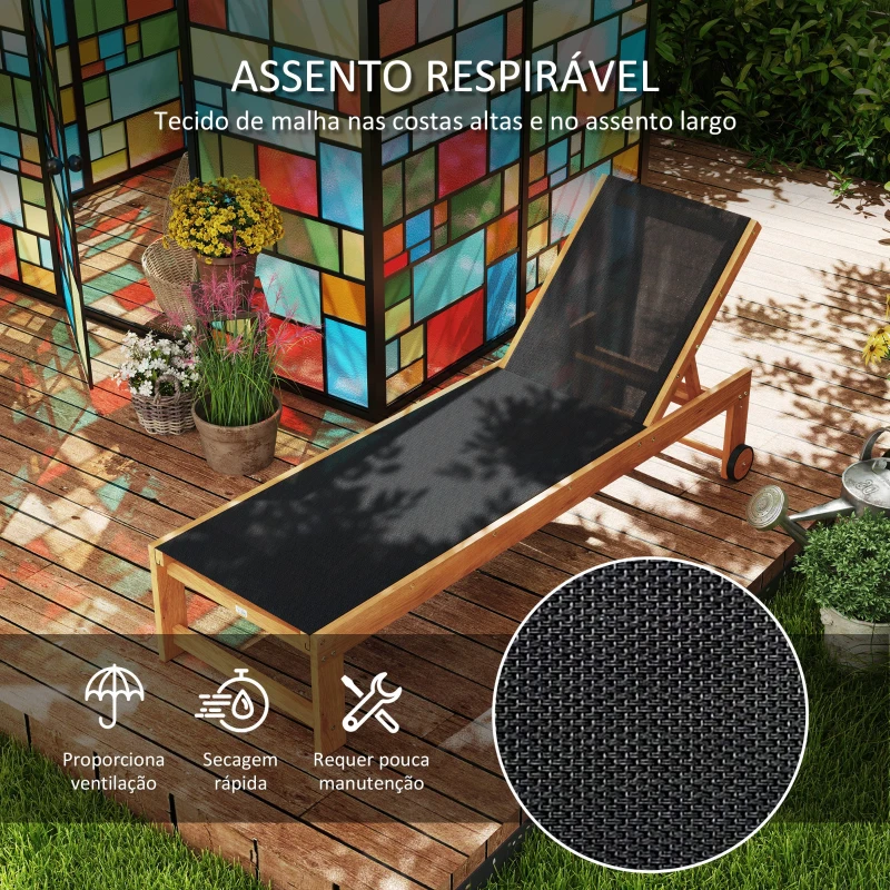 Outsunny Espreguiçadeira de Madeira Espreguiçadeira de Jardim com Rodas Encosto Ajustável em 4 Níveis 186x60x33 cm Teca e Preto