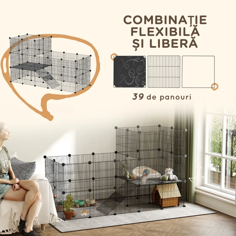 PawHut Țarc Modular pentru Animale de Companie de Talie Mică, cu 39 de Panouri și Accesorii, 140x70x105 cm, Negru