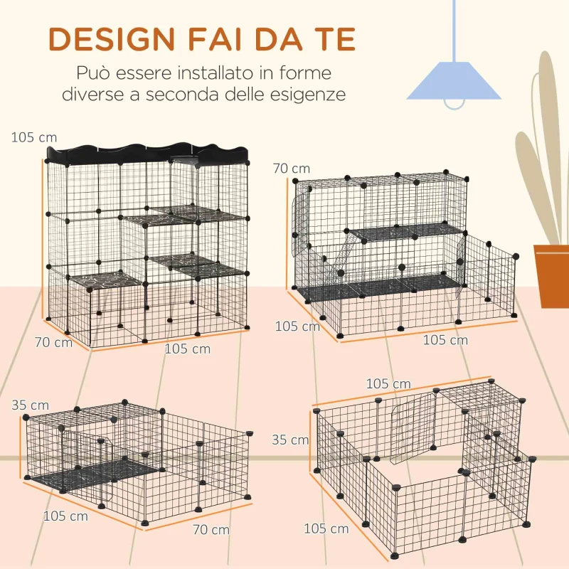 PawHut Recinto per Animali Domestici Modulabile e Multilivello con Rampa e 2 Porte in Acciaio e PP, 105x70x116 cm, Nero
