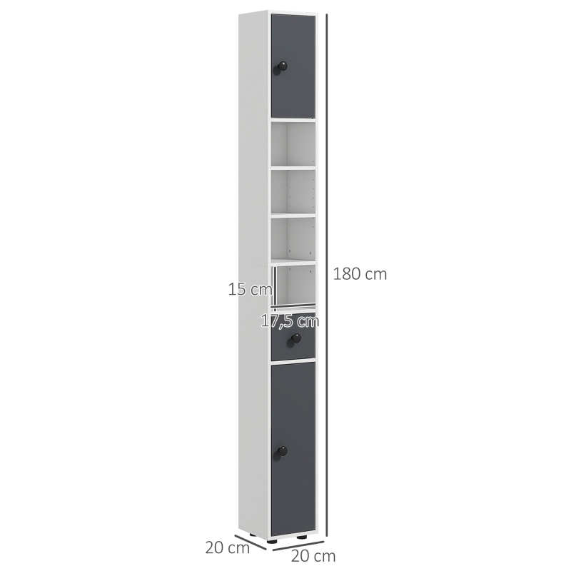kleankin Columna de Baño con 1 Cajón 5 Estantes y 2 Puertas para Salón Dormitorio Carga 30 kg 20x20x180 cm Gris