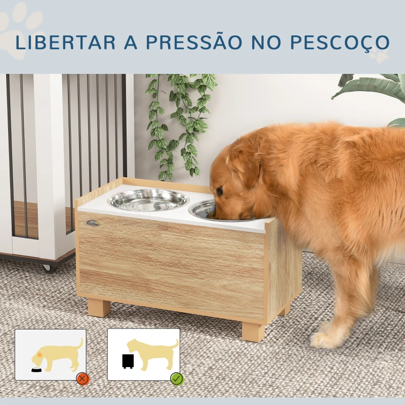 PawHut Comedouro para Cães Elevado com Sistema de Alimentação Lento Espaço de Arrumação 2 Tigelas de 2L de Aço Inoxidável 60x30x35,5 cm Madeira
