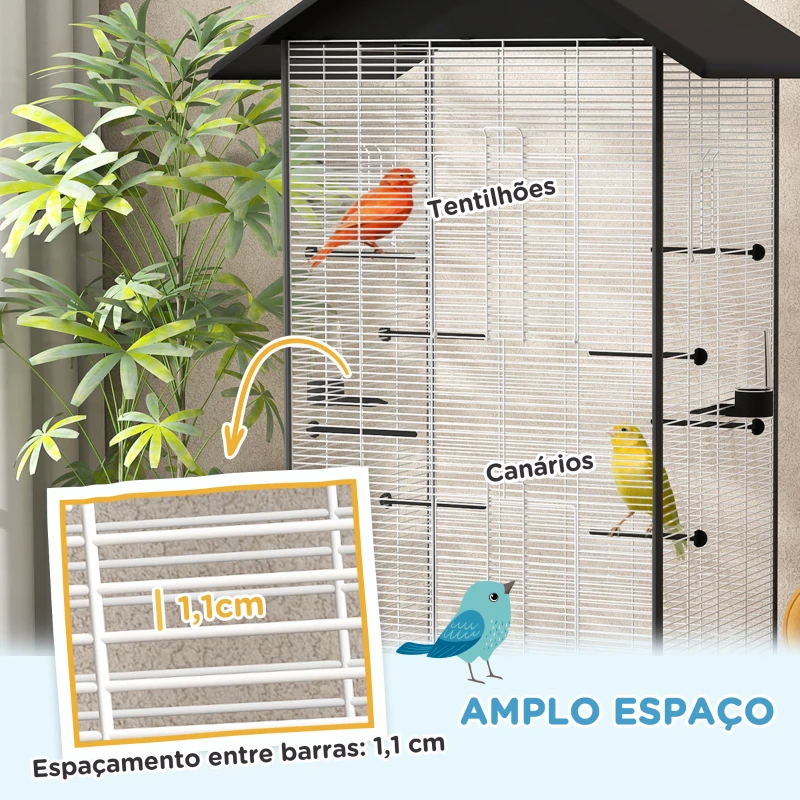 PawHut Gaiola para Pássaros Metálica com com Rodas Bandeja Amovível 4 Portas 2 Comedouros e 8 Poleiros 79x65x155 cm Preto