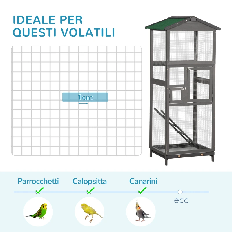 PawHut Gabbia per Uccelli Alta 165cm in Legno da Esterno con 2 Porte e Vassoio Estraibile, Grigio Chiaro