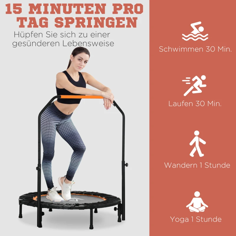 HOMCOM Trampolina Fitnessowa, Składana, Uchwyt Regulowany, Ø102 x 123H cm, do 100 kg, Czarna