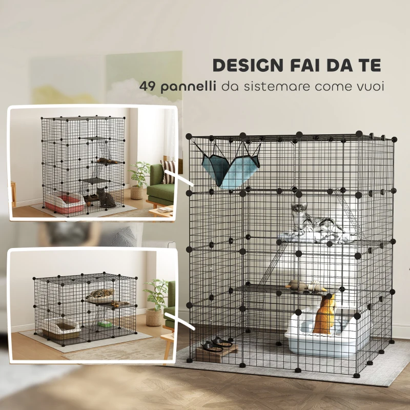 PawHut Gabbia per Gatti Modulabile a 4 Livelli con Piattaforme, Rampe e 5 Porte, in Acciaio e PP, 105x105x140 cm, Nero