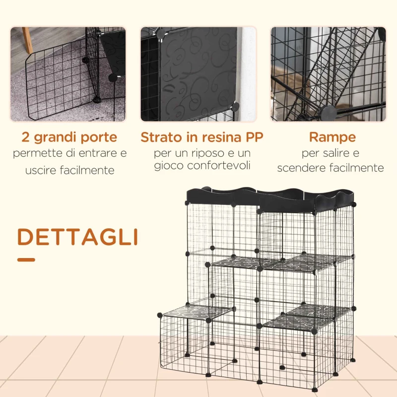 PawHut Recinto per Animali Domestici Modulabile e Multilivello con Rampa e 2 Porte in Acciaio e PP, 105x70x116 cm, Nero