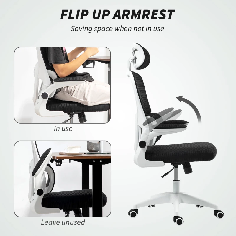 HOMCOM Scaun Ergonomic de Birou cu Înălțime Reglabilă, Brațe Rabatabile și Tetieră, 62x61x112-120 cm, Negru