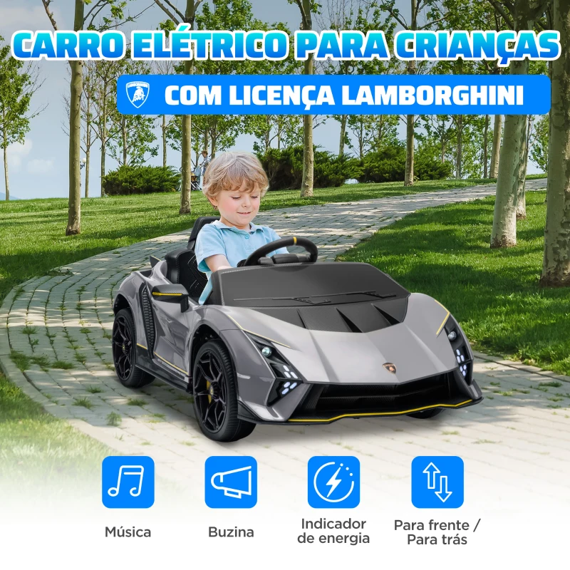 AIYAPLAY Carro Elétrico para Crianças Lamborghini 12V Controlo Remoto Faróis Buzina Arranque Lento e Música MP3 114,5x64x45,5 cm Cinza