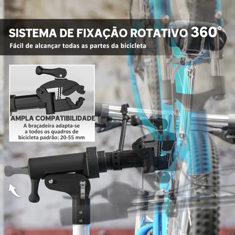 HOMCOM Suporte para Reparação de Bicicleta Dobrável com Bandeja Magnética Altura Ajustável 107-160 cm e Giratório 360º Preto