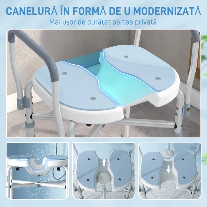 HOMCOM Scaun de Duș cu Brațe, Înălțime Reglabilă și Orificii pentru Scurgerea Apei, 53x36x64-75 cm, Albastru
