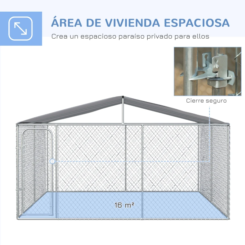 PawHut Perrera de Exterior con Toldo Anti-UV Impermeable Puerta con Pestillo y Marco de Metal Galvanizado 4x4x2,3 m Plata