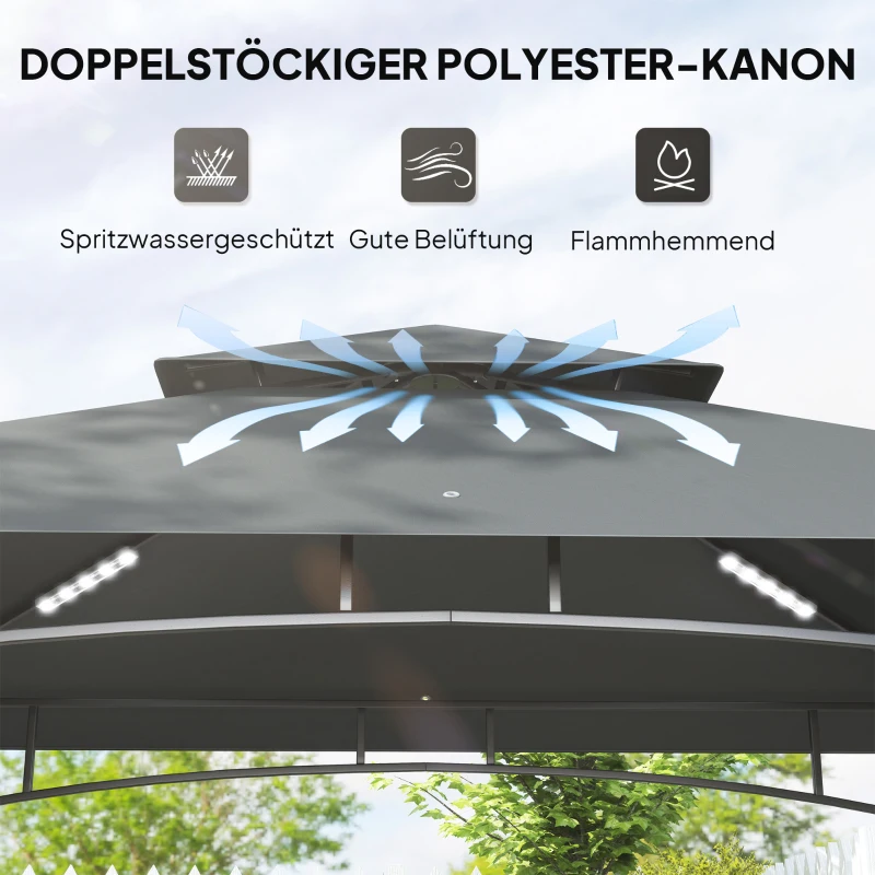 Outsunny Grillpaviljoen met LED-verlichting 240 x 150 x 258 cm Waterafstotend en Vlamvertragend Tuinpaviljoen met Dubbellaagsdak