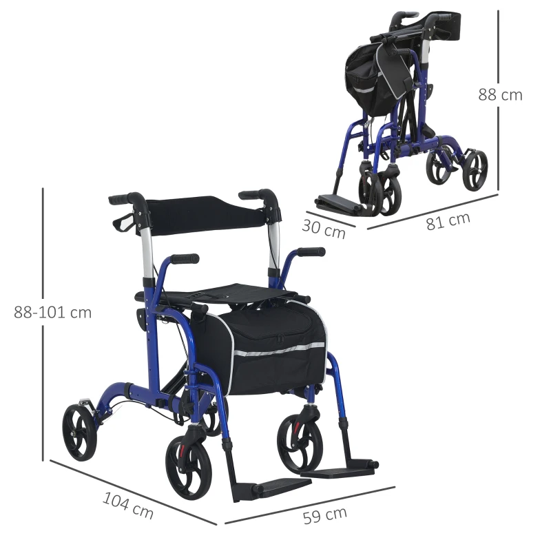 HOMCOM 2 in 1 Wheelchair Transport Chair & Folding Rollator Walker with Seat, Backrest, Footrest, Lightweight Walking Frame with Bag, Adjustable Height, 4 Wheeled Walker for Seniors, Pearl Blue