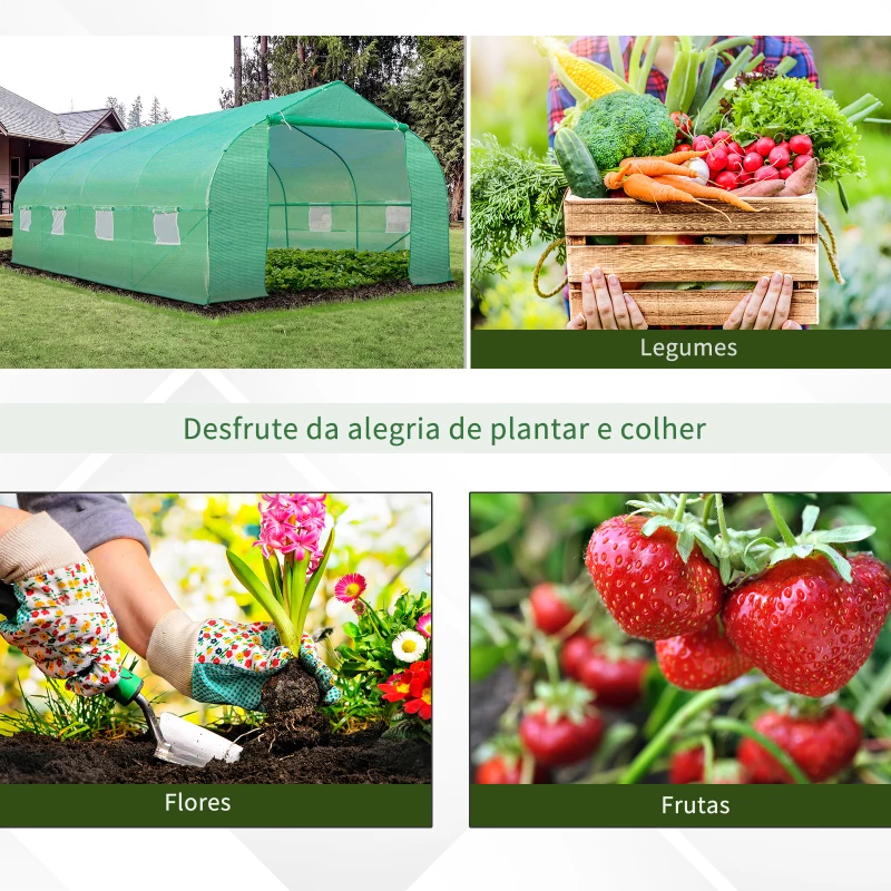 Outsunny Estufa Tipo Túnel de Jardim 600x300x200cm para Cultivo de Plantas Verduras com 8 Janelas e Porta Enroláveis com Zíper Aço Verde