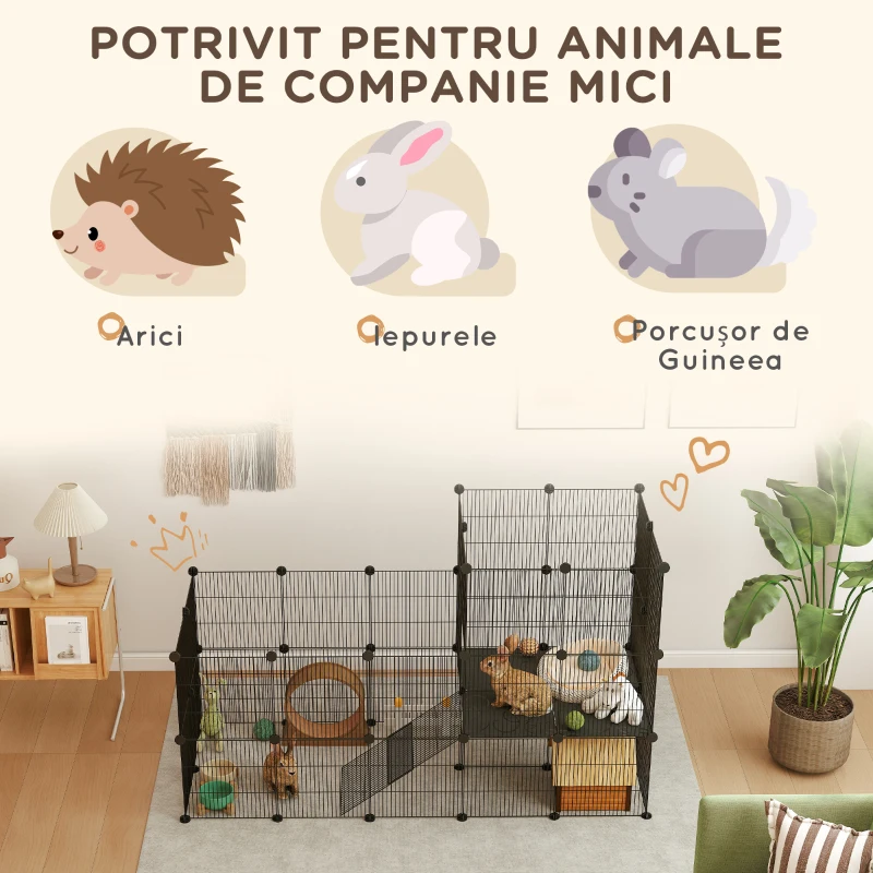 PawHut Țarc Modular pentru Animale de Companie de Talie Mică, cu 39 de Panouri și Accesorii, 140x70x105 cm, Negru