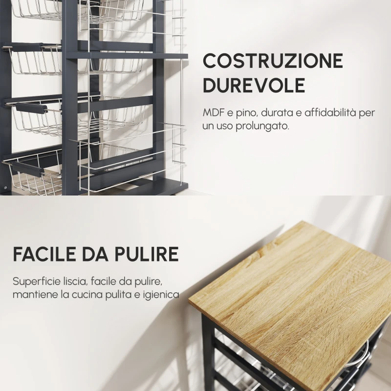 HOMCOM Carrello da Cucina in Grigio Scuro con 1 Cassetto e 4 Cestelli Metallici