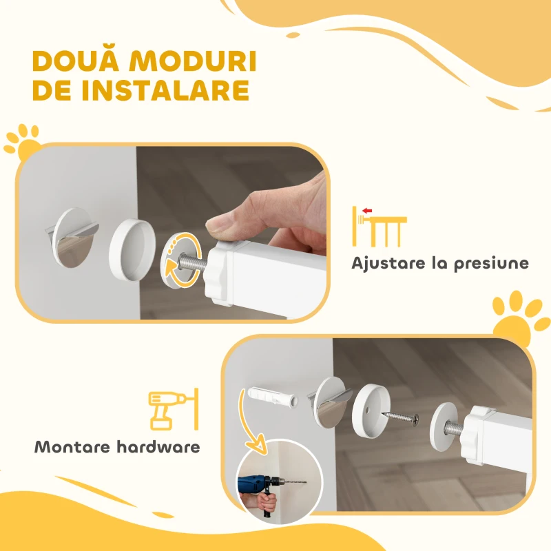 PawHut Ușă de Siguranță pentru Câini de Interior cu 2 Extensii și Ușiță pentru Pisici, 76-104x77 cm, Alb